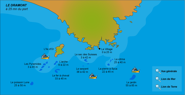 Carte des sites de plongée le Dramont